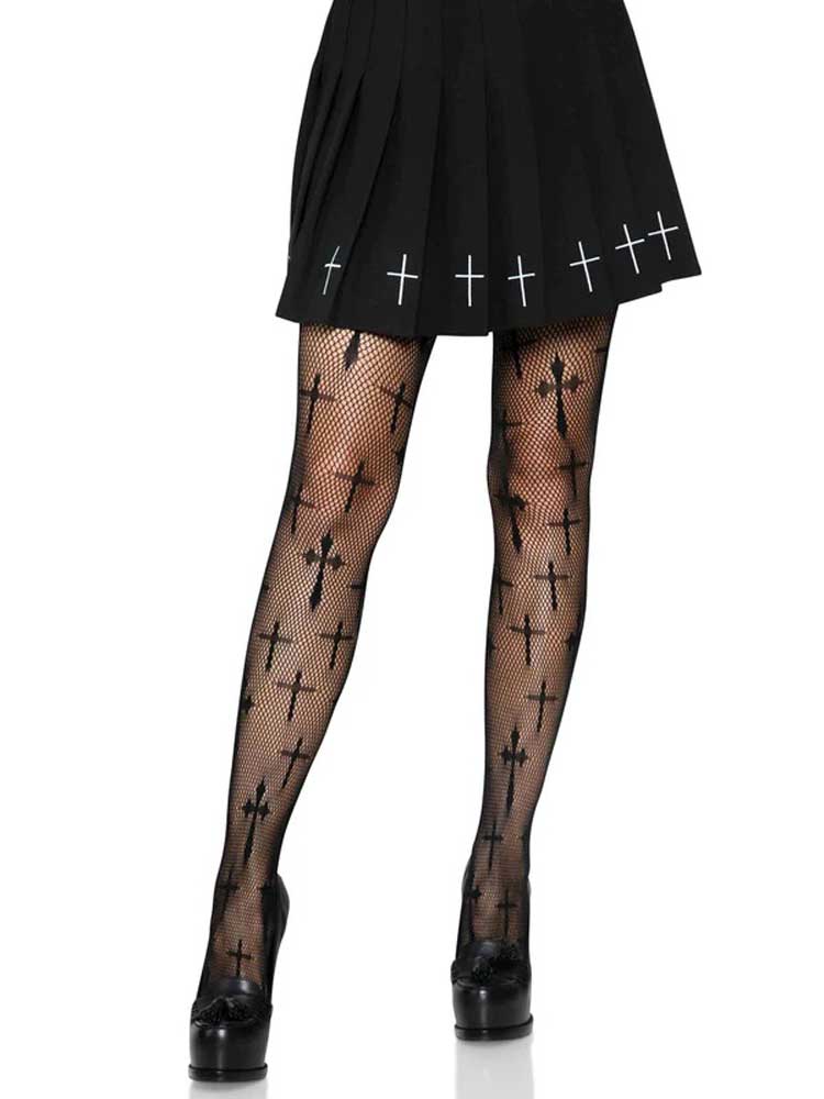 Worship Me Cross Net Tights - 1x/2x - Black LA-9753XBLK1X2