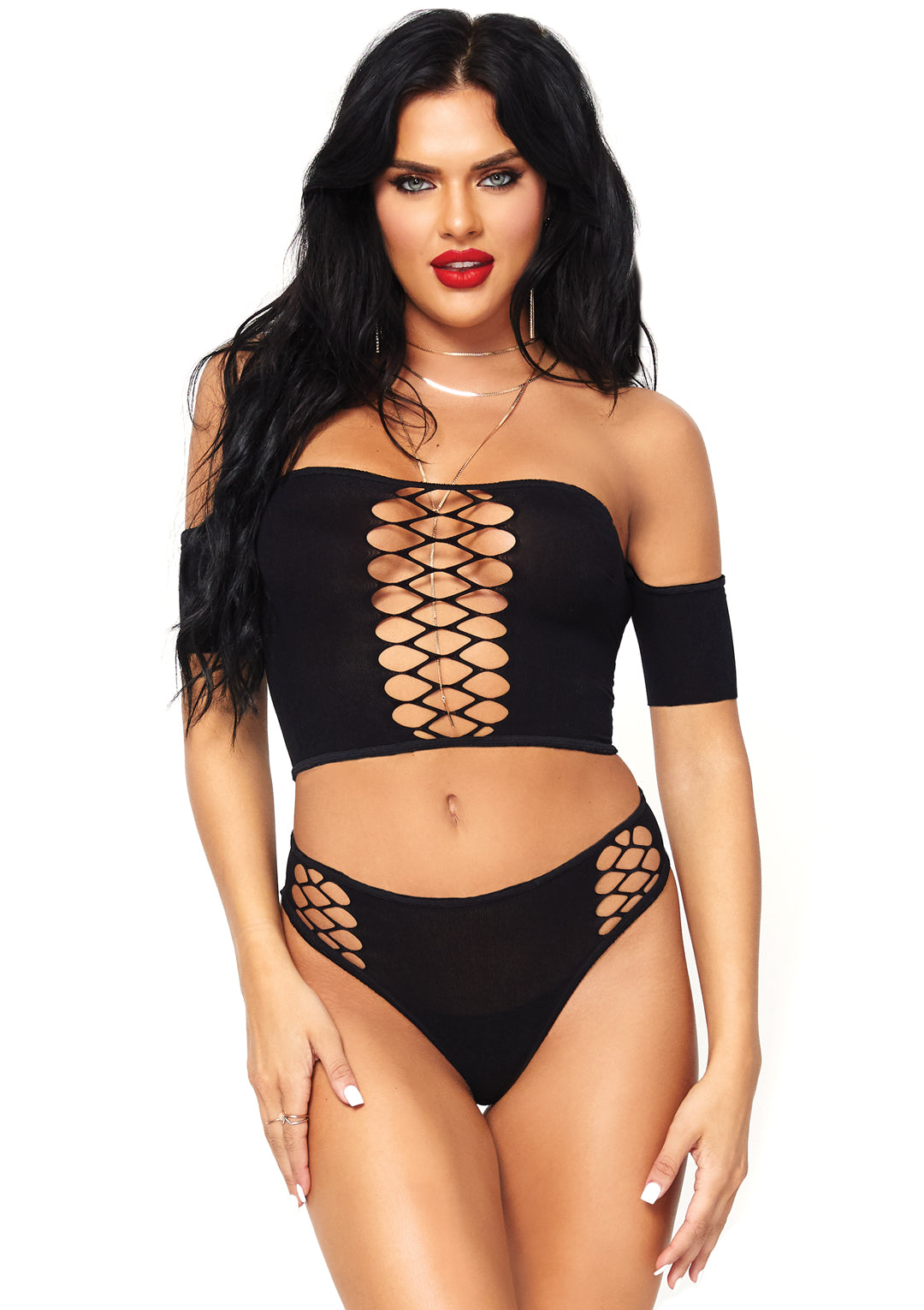 2 Pc Opaque Crop Top With Net Detail and Matching Thong Back Bottoms - One Size - Black LA-81572